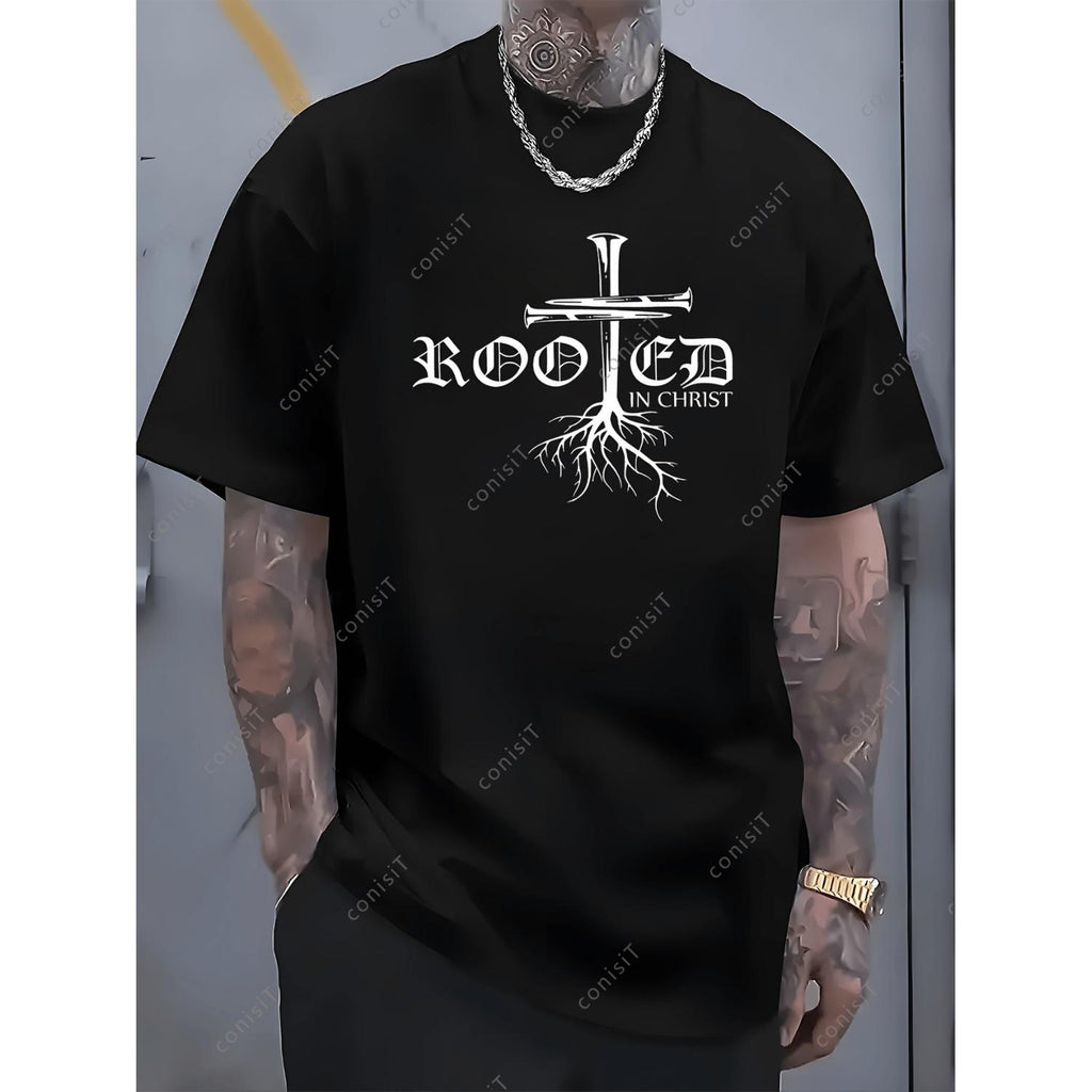 Mens 100 Percent Cotton Graphic T Shirt Black Casual Short Sleeve Featuring Cross Ideal for Casual Attire and Special Occasions White Cotton Tees