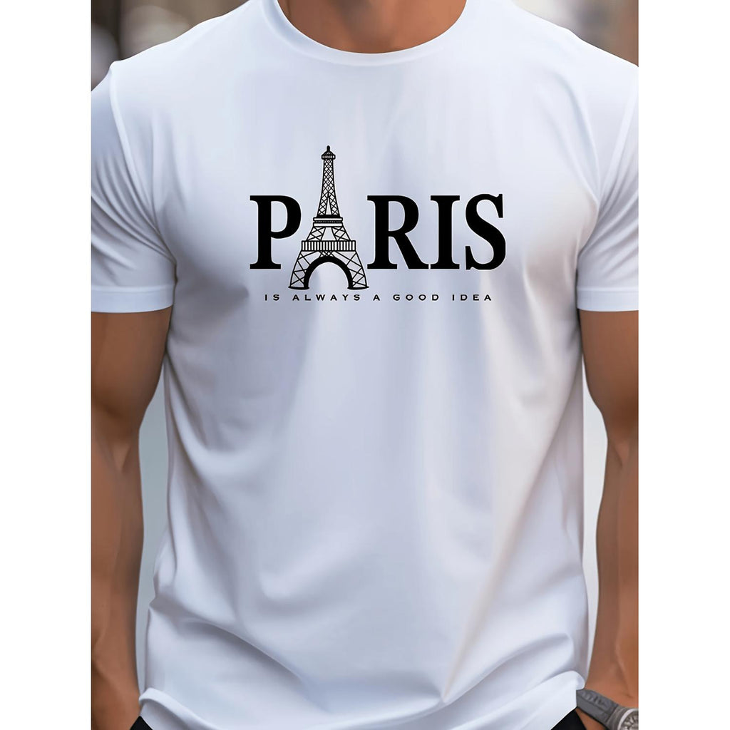 Tower Graphic Tee For Men Casual Short Sleeve Round Neck T Shirt Letter Print Breathable Polyester Fabric White