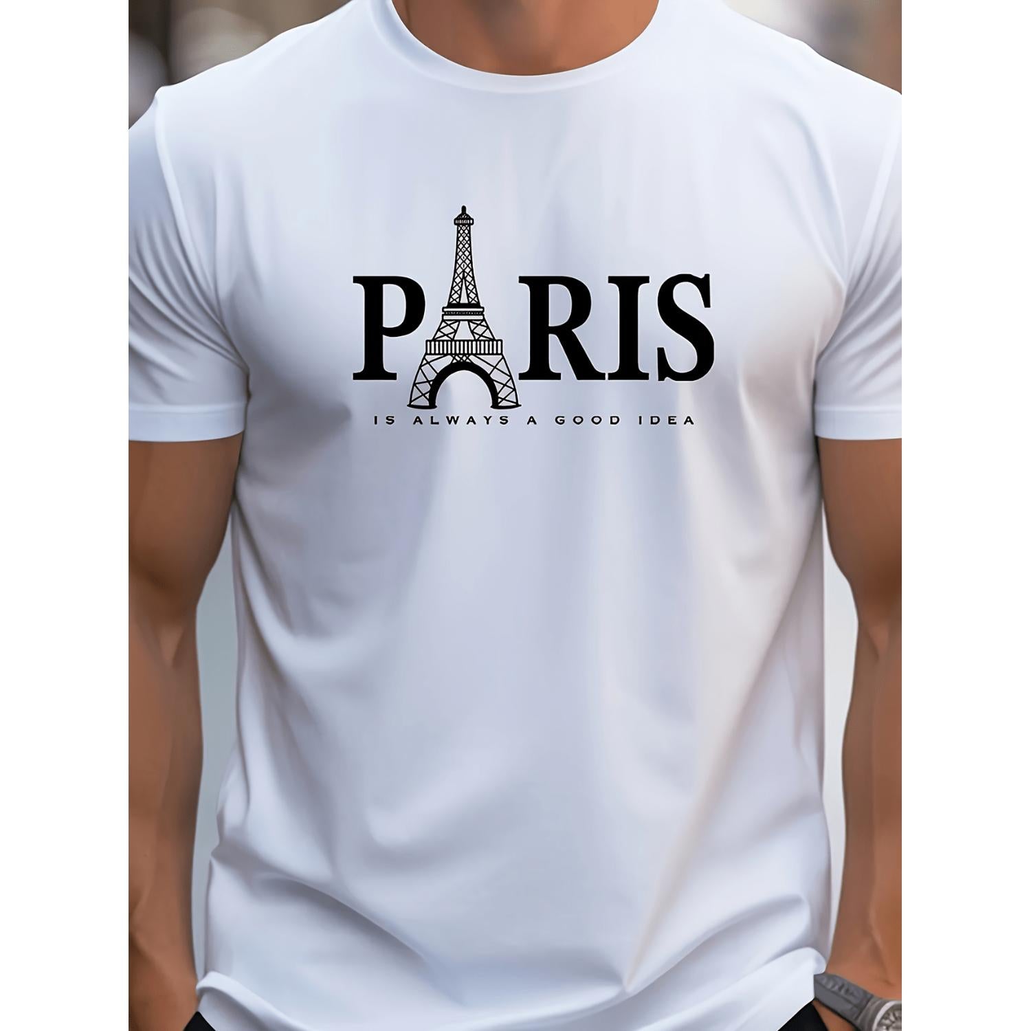 Tower Graphic Tee For Men Casual Short Sleeve Round Neck T Shirt Letter Print Breathable Polyester Fabric White