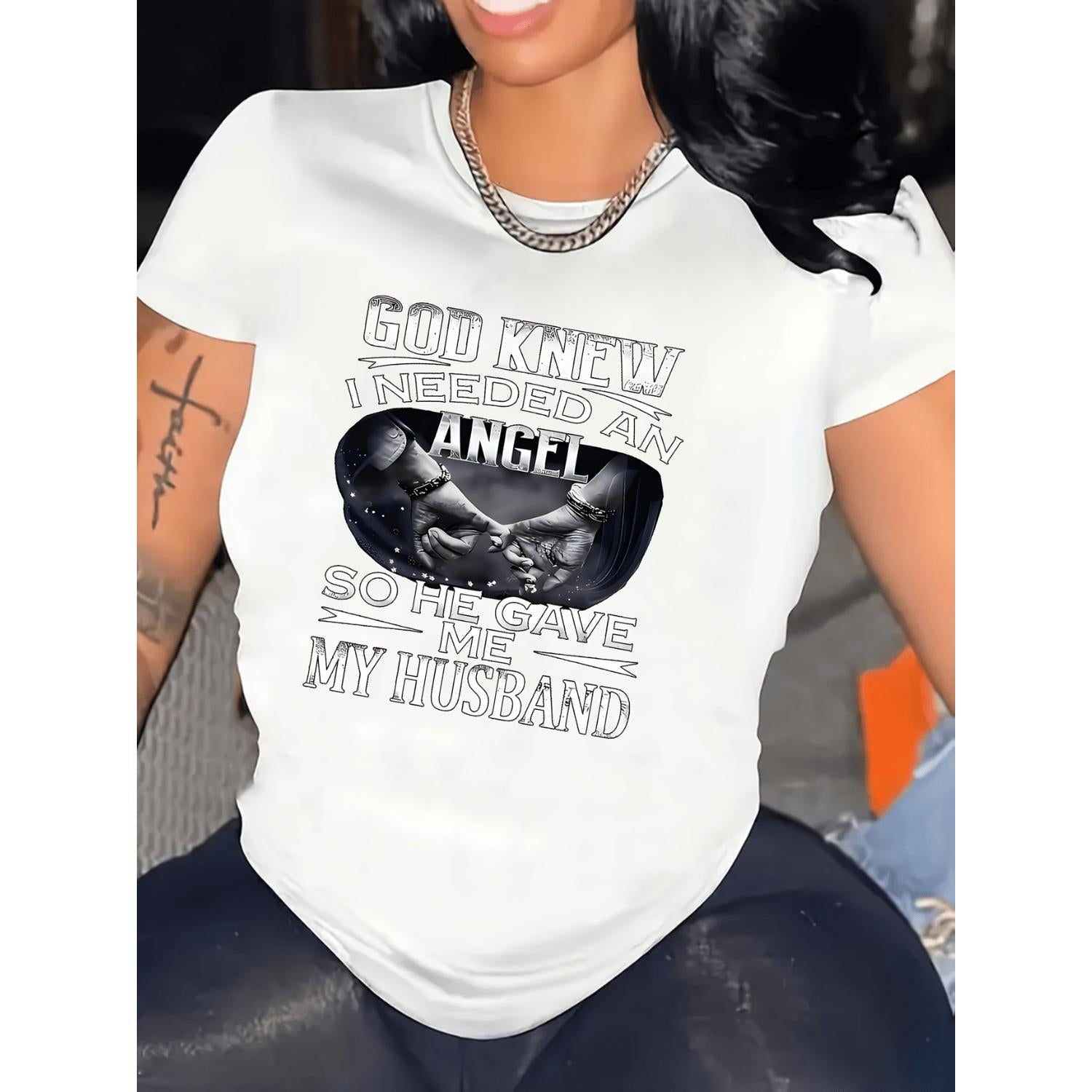 God I Needed An Angel So He Gave Husband Printed Round Neck Leisure Short Sleeve T Shirt Womens Clothing 180g Red