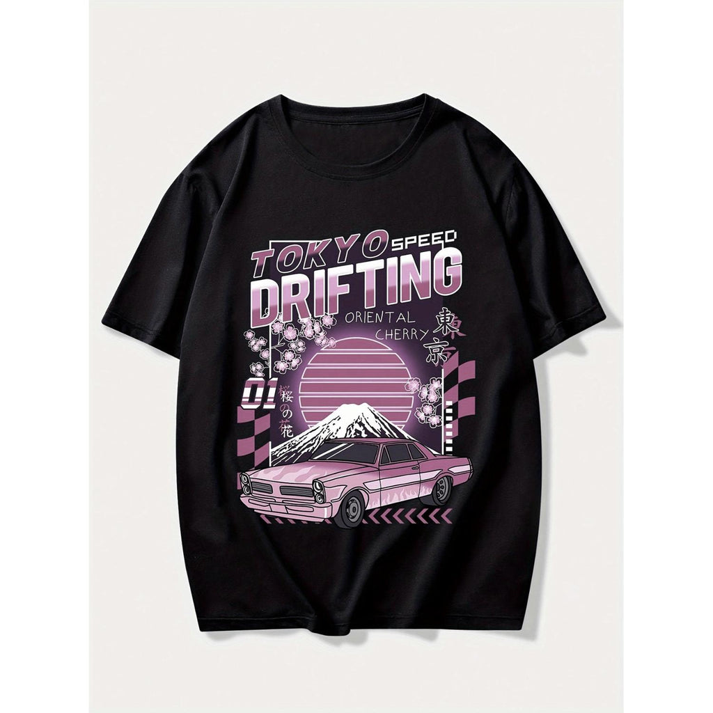 Mens Black Casual Short Sleeve T Shirt Featuring Tokyo Speed Drifting Graphic Racing Design Breathable Summer Tee Machine Washable Regular Fit Adult Casualwear Vibrant Print