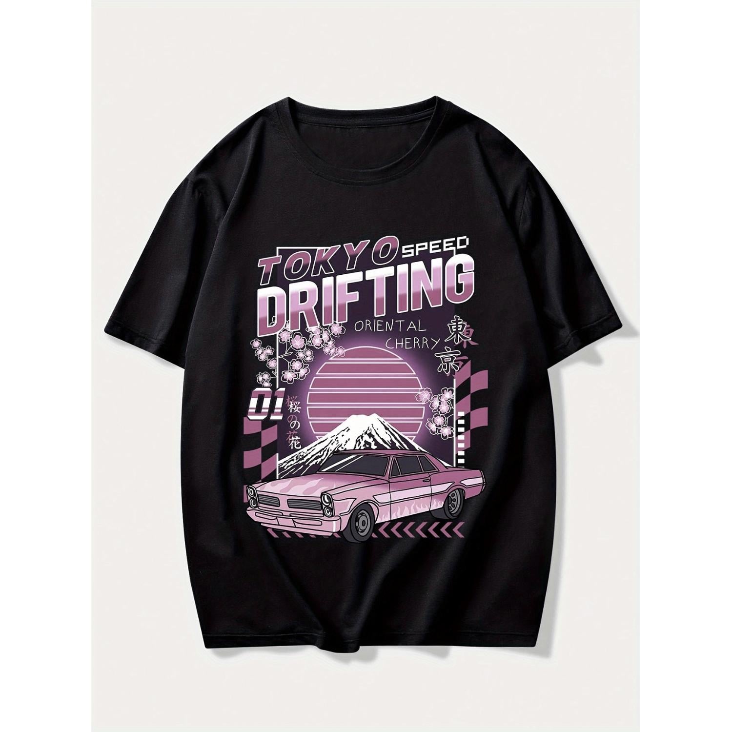 Mens Black Casual Short Sleeve T Shirt Featuring Tokyo Speed Drifting Graphic Racing Design Breathable Summer Tee Machine Washable Regular Fit Adult Casualwear Vibrant Print