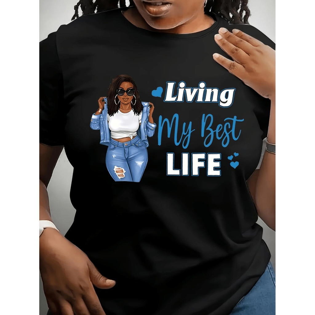 Womens Plus Size Casual Short Sleeve Graphic T Shirt With Blue Lettering Woman Design Round Neck Stretchy Black Fabric Machine Washable Everyday Tee