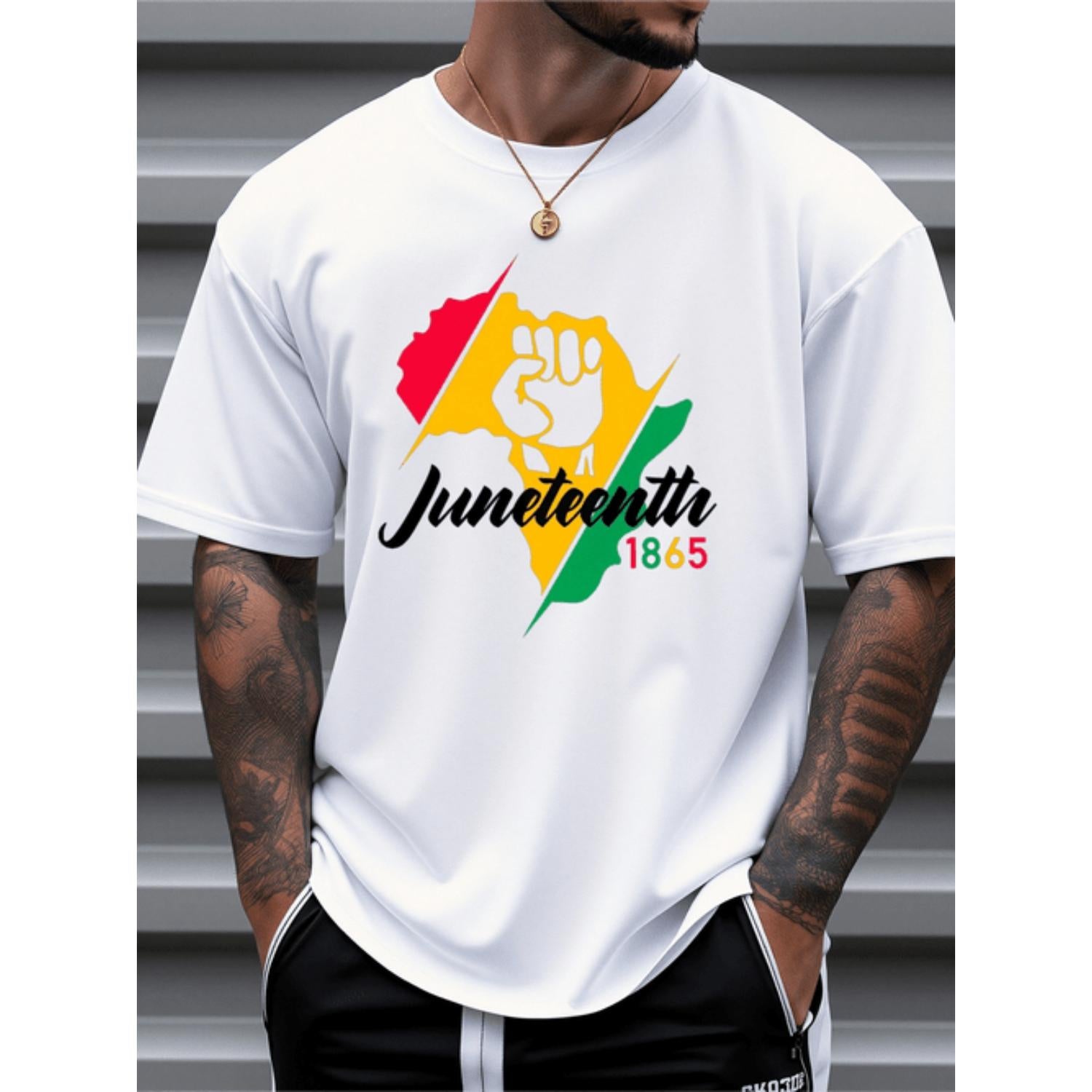 Mens Juneteenth 1865 Commemorative 100 Percent Cotton Loose Fit Casual Short Sleeve T Shirt Featuring African Flag Colors Symbol Graphic Design for Summer Daily Outdoor Wear