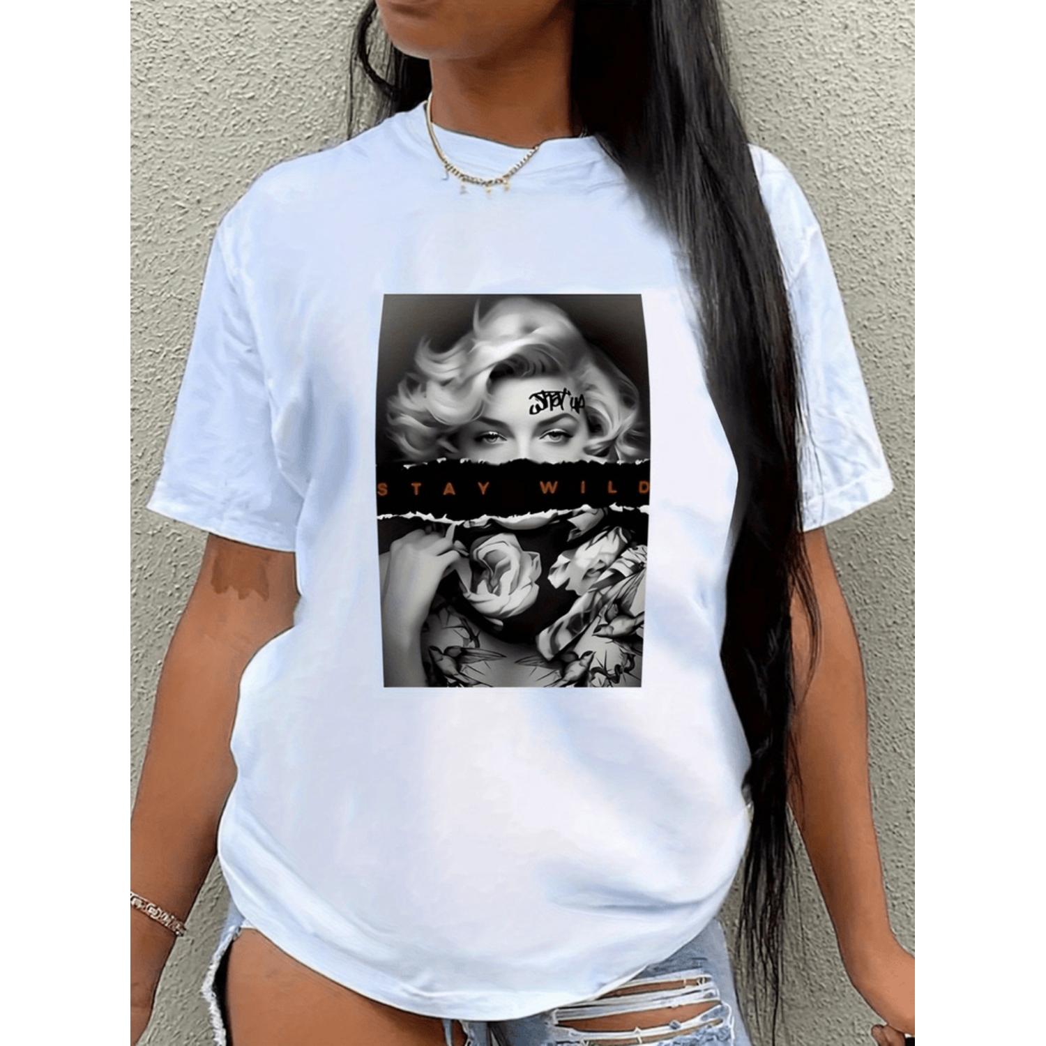Stylish Letter Cartoon Print Womens Round Neck T Shirt Comfortable Breathable Versatile and Elegant Perfect for Daily Leisure and Summer Parties