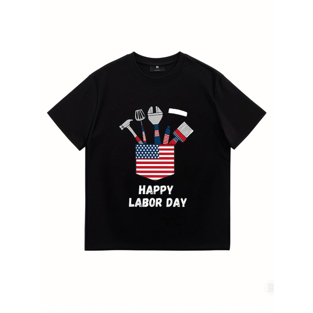 Labor Day Patriotic Graphic T Shirt For Men Union Worker Apparel Featuring American Flag And Tools Design 100 Percent Cotton Heavyweight 220gsm Plus Size Big Tall Micro Stretch Casual Streetwear Machine Washable High Visibility Workwear