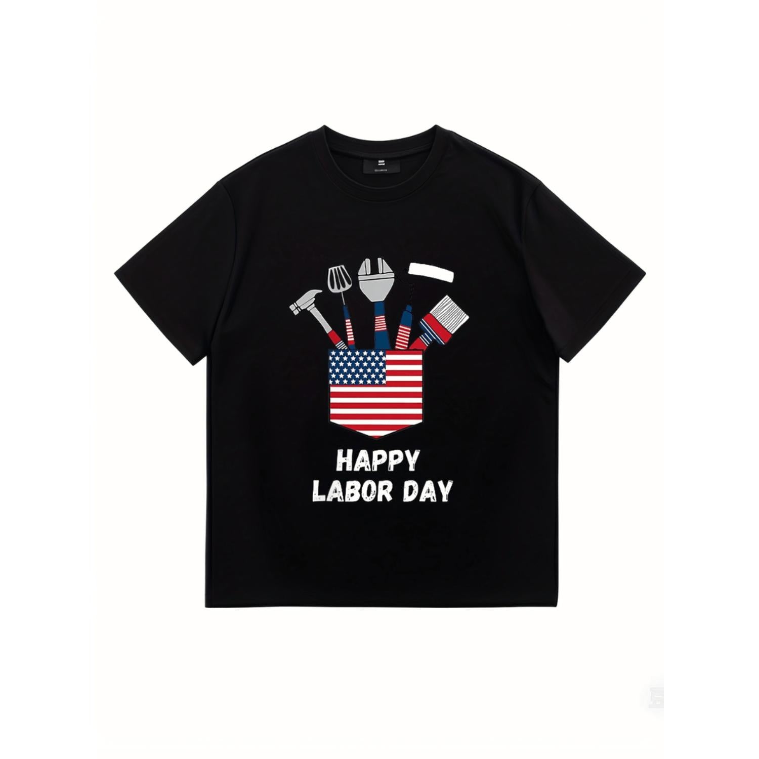 Labor Day Patriotic Graphic T Shirt For Men Union Worker Apparel Featuring American Flag And Tools Design 100 Percent Cotton Heavyweight 220gsm Plus Size Big Tall Micro Stretch Casual Streetwear Machine Washable High Visibility Workwear