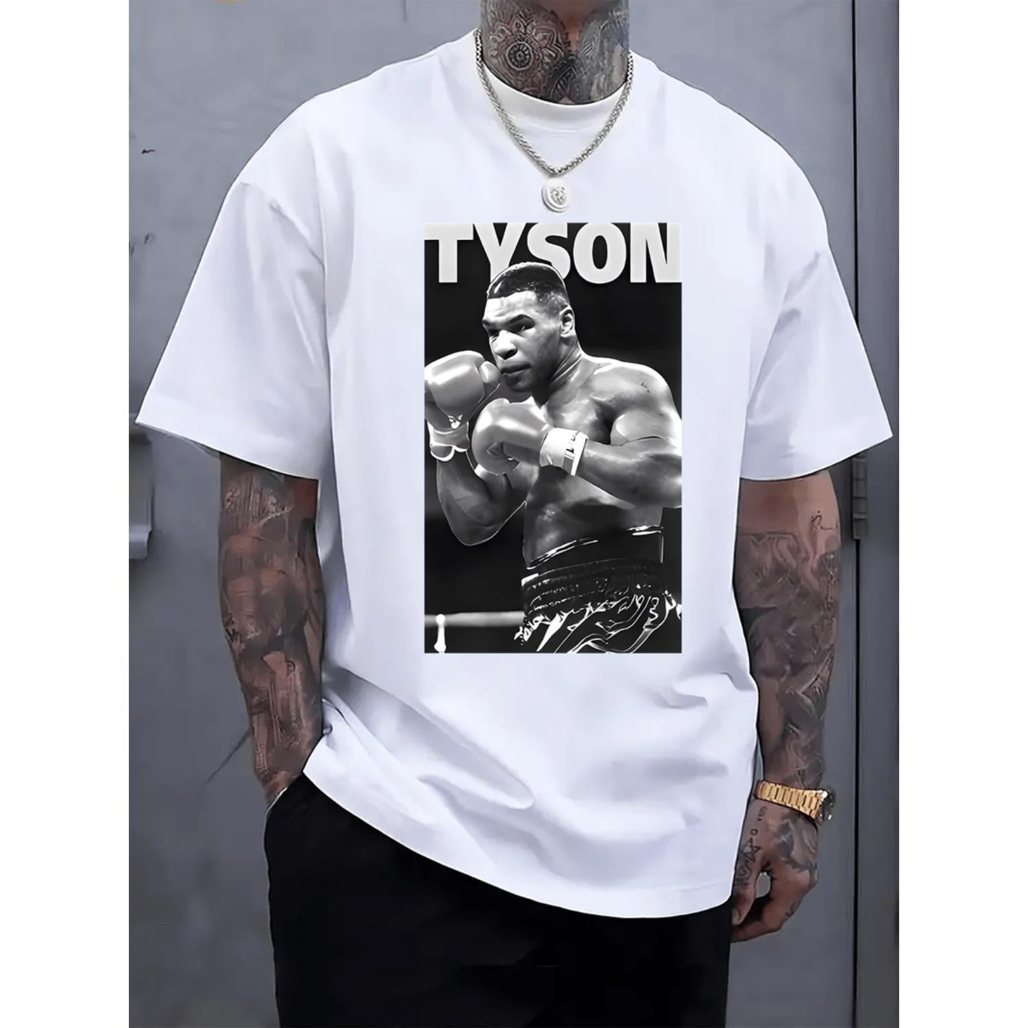 Mens Black Graphic Boxing T Shirt with Fighter Print for Casual Crew Neck Short Sleeve Spring and Summer Wear