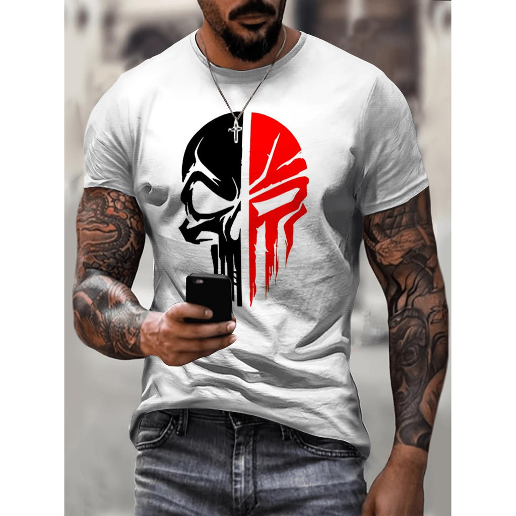 Mens Casual Skull Print Short Sleeve Crew Neck Knit T Shirt Polyester Blend Regular Fit Spring Autumn Fashion Tee White