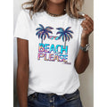Neon Print Casual Crew Neck Short Sleeve T Shirt with Palm Design for Spring Summer White