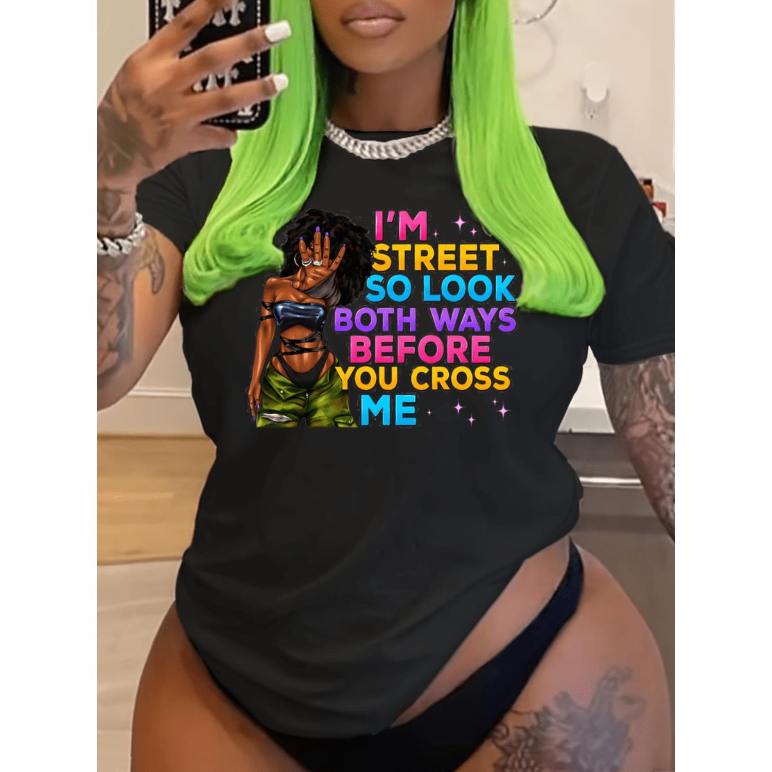 Plus Size Letter Print Casual Crew Neck Short Sleeve T Shirt Womens Clothing Black