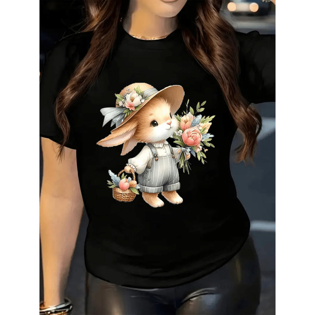 Womens Short Sleeve Casual T Shirt With Round Neck Featuring Cute Bunny And Rose Floral Prints Suitable For Easter And Perfect As A Gift White