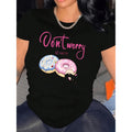 Womens Casual T Shirt Polyester Spandex Blend With Donut Graphic And Slogan Crew Neck Short Sleeve Medium Stretch Knit Fabric Black