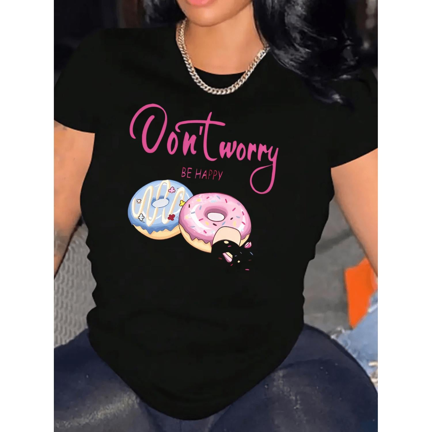 Womens Casual T Shirt Polyester Spandex Blend With Donut Graphic And Slogan Crew Neck Short Sleeve Medium Stretch Knit Fabric Black