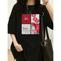 Womens Casual Loose Fit Round Neck T Shirt Black Featuring Red Lips And Red Letter Graphic Print Machine Washable Ladies T Shirts With Bag Accessory In White