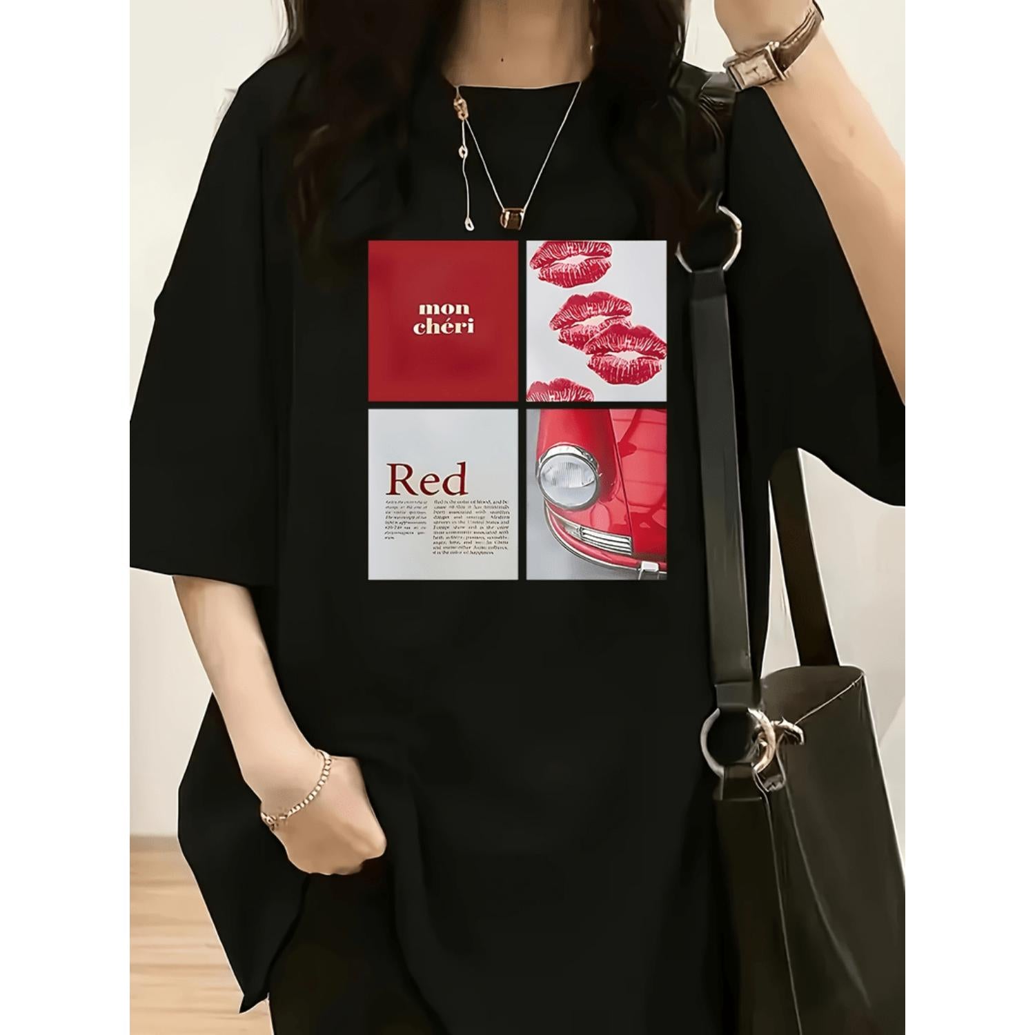 Womens Casual Loose Fit Round Neck T Shirt Black Featuring Red Lips And Red Letter Graphic Print Machine Washable Ladies T Shirts With Bag Accessory In White