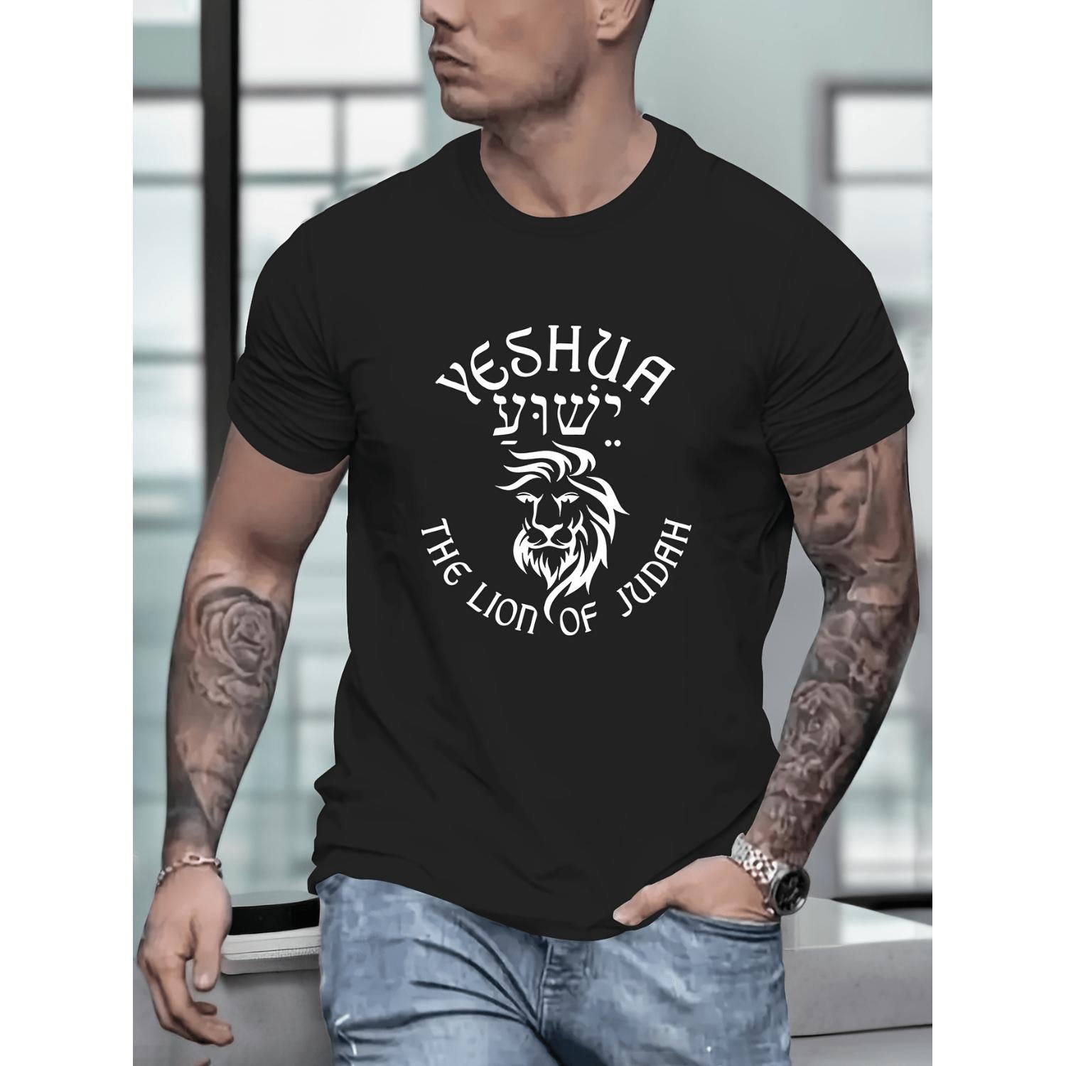 Lion Of Creative Print Summer Casual T Shirt Short Sleeve For Men Sporty Leisure Style Neck Top For Daily Wear
