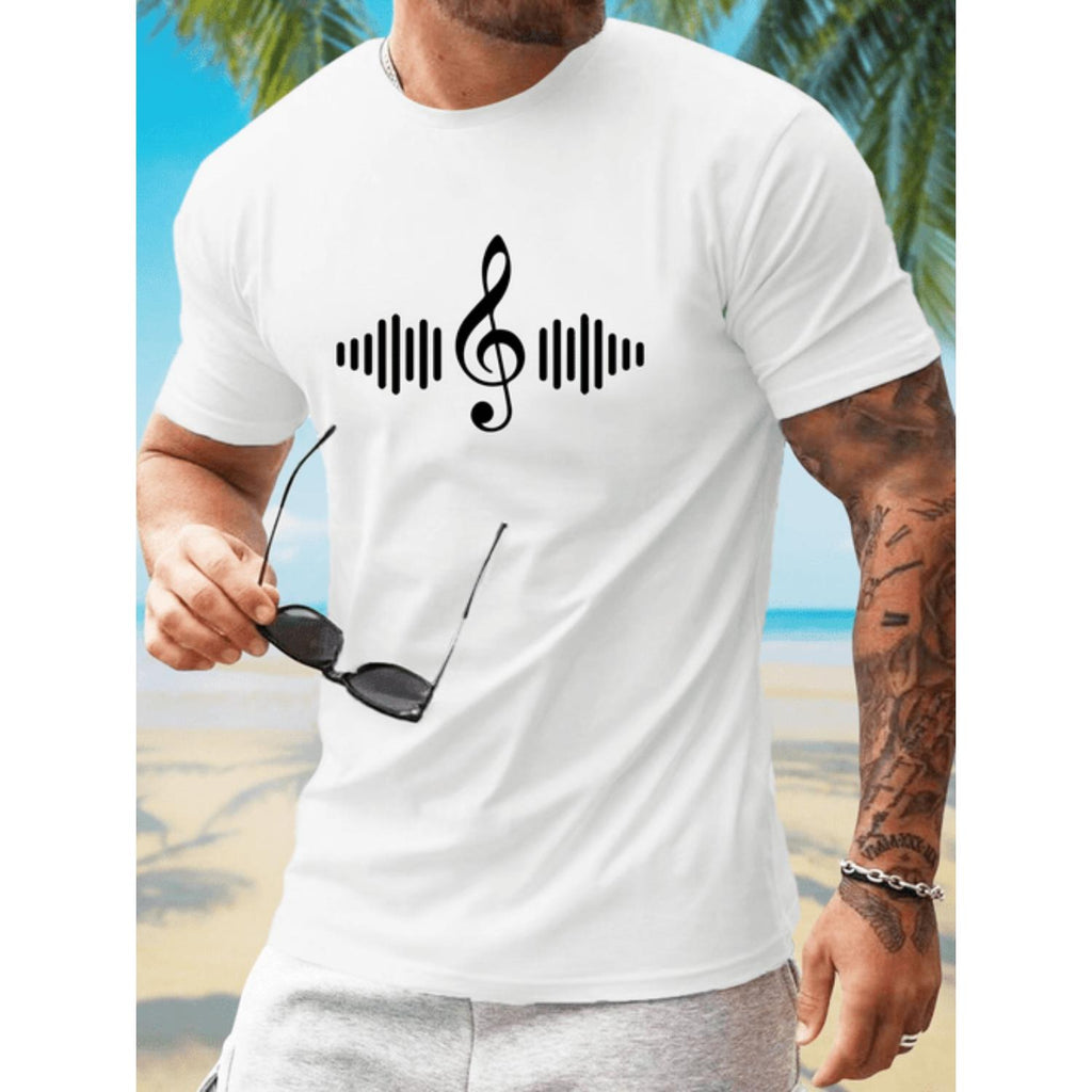 Mens Casual Music Note Graphic Tee Short Sleeve Breathable Polyester Blend Machine Washable Summer Black