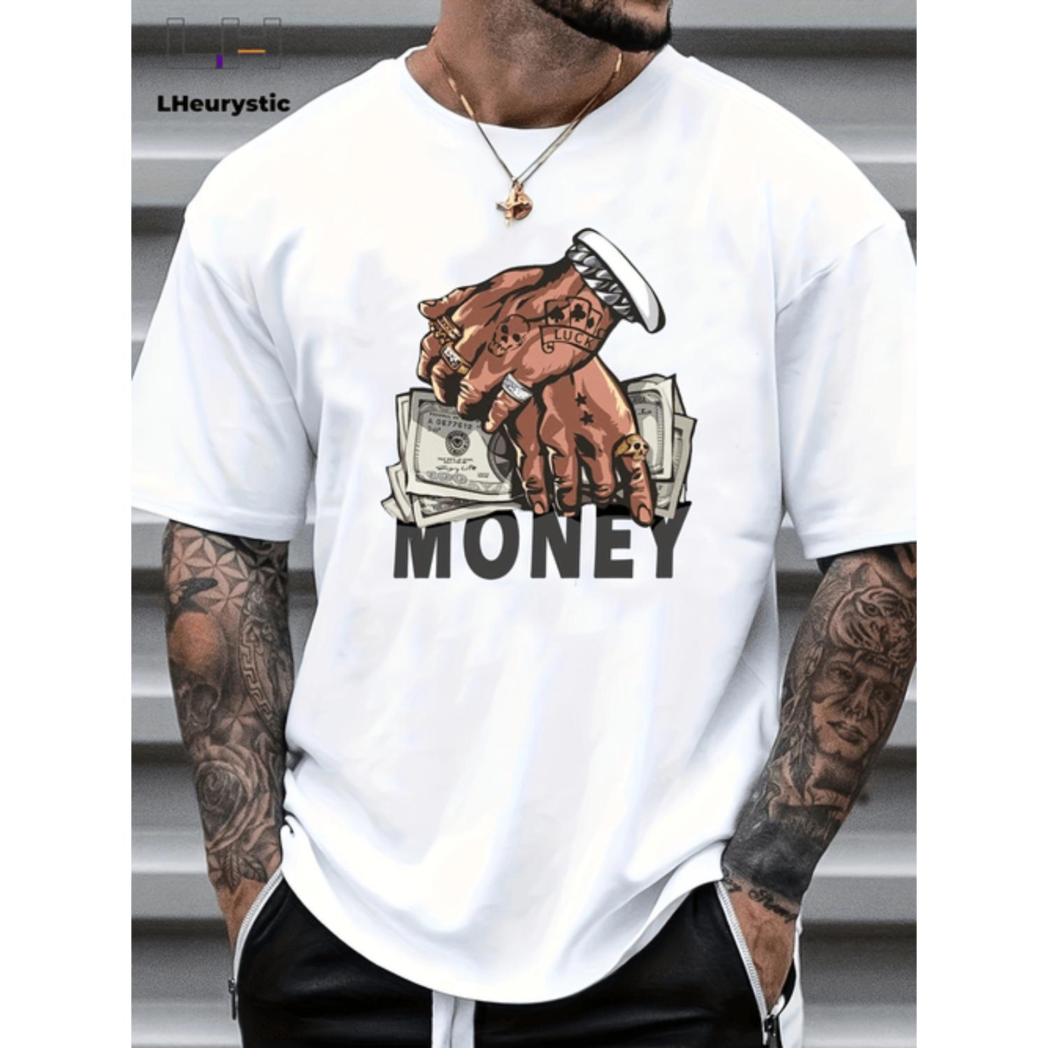 Graphic Cartoon Money Hands Print Mens Casual T Shirt for Summer Daily Vacation and Resort Wear
