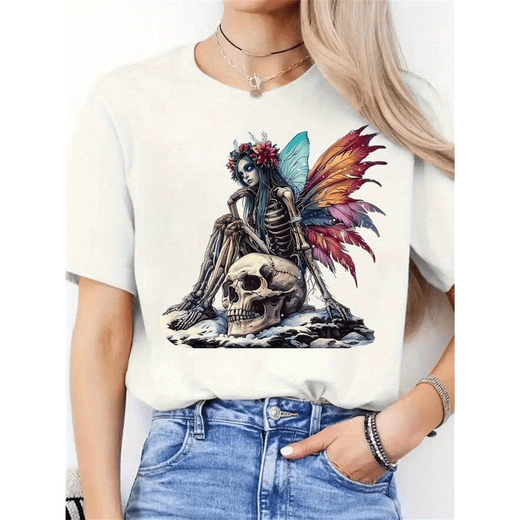 Intricate Fairy Skull Graphic TShirt for Women with Round Neck and Short Sleeves Made from Stretchy Polyester Blend Ideal Holiday Gift
