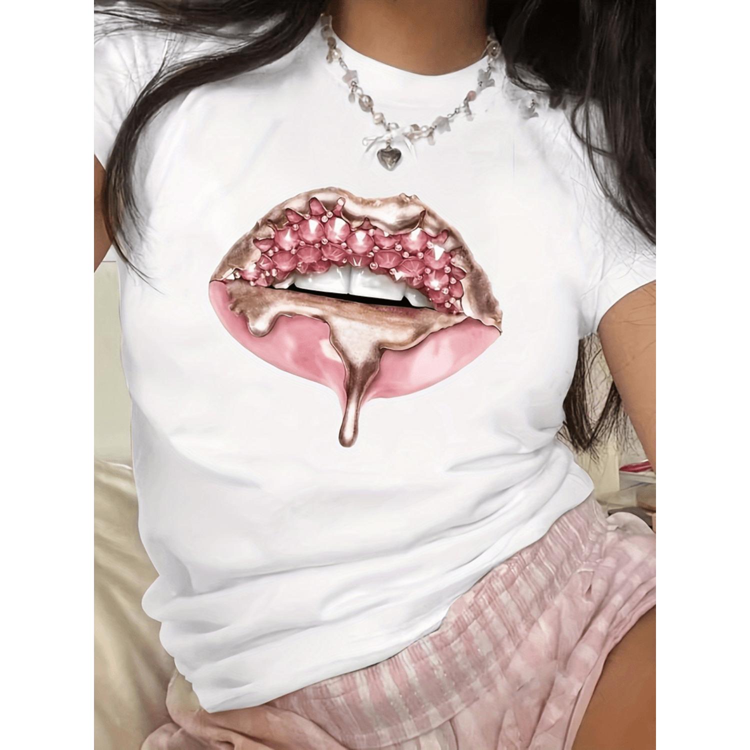 Womens Vintage Lips Print T Shirt 100 Percent Polyester Knit Fabric Crew Neck Short Sleeve Casual Top Geometric Pattern Summer Tee Regular Length Fashion Clothing White