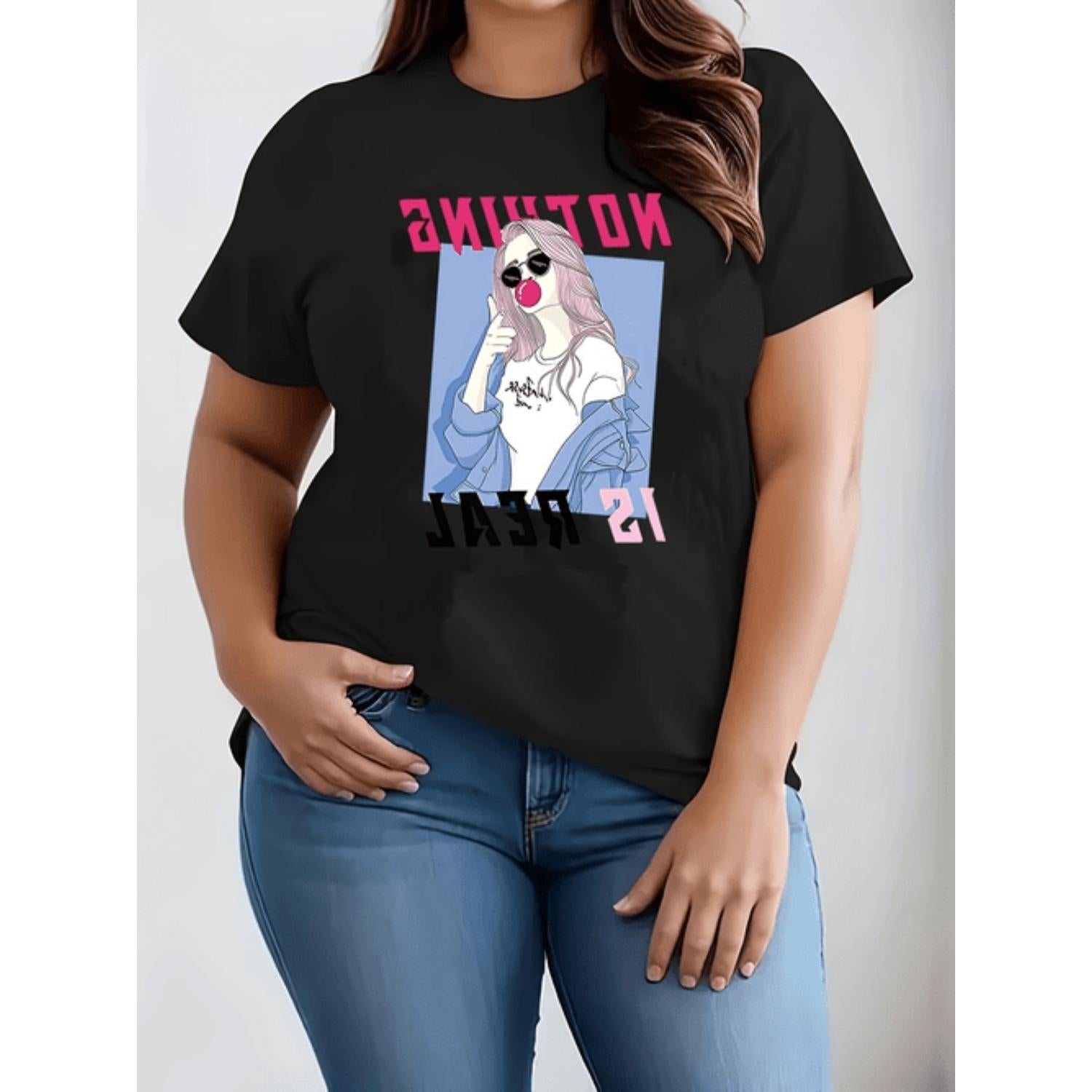 Women's Loose Fit Graphic Tee with Short Sleeves and Round Neck for Breathable Comfort in Black