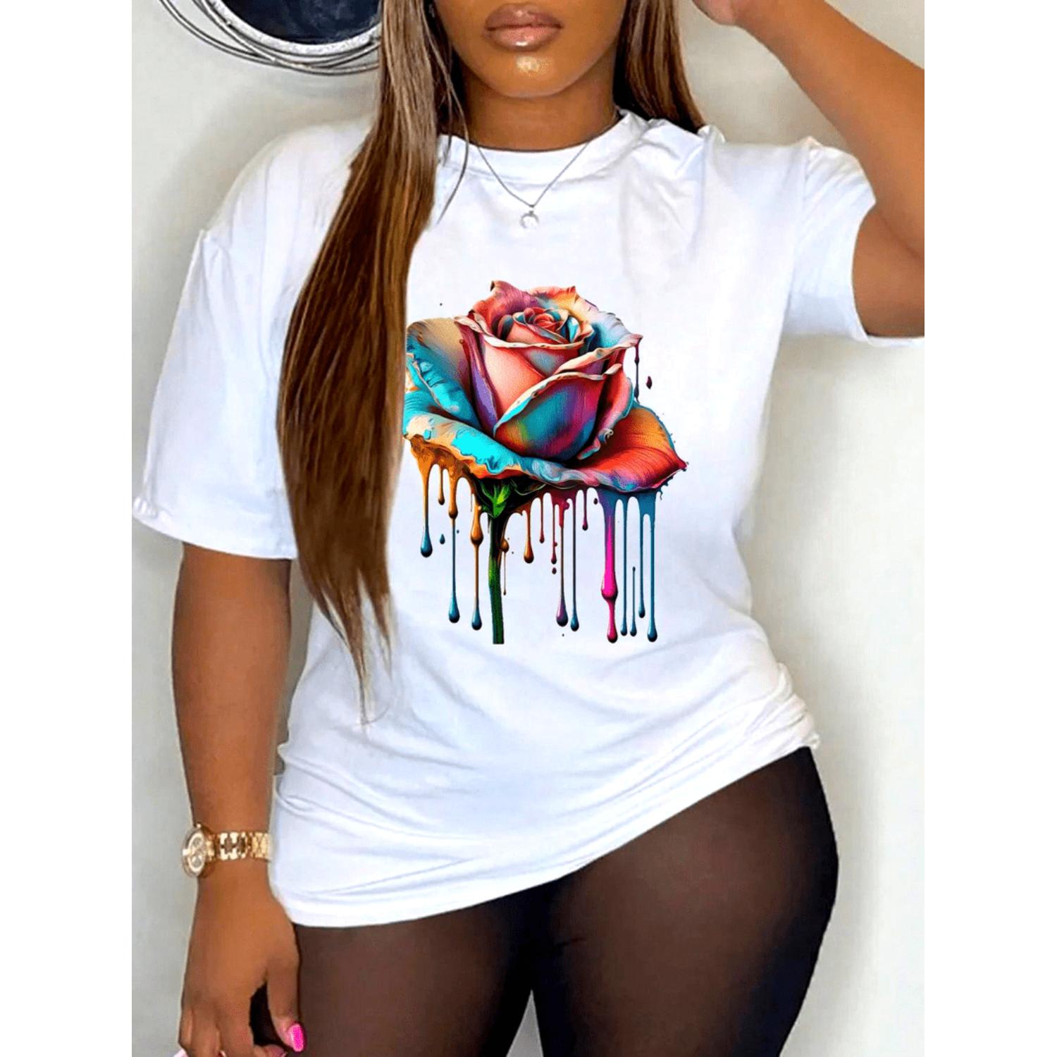 Women's Casual Polyester T Shirt Featuring Vintage Floral Print in Knit Fabric with Round Neckline and Regular Fit for Spring