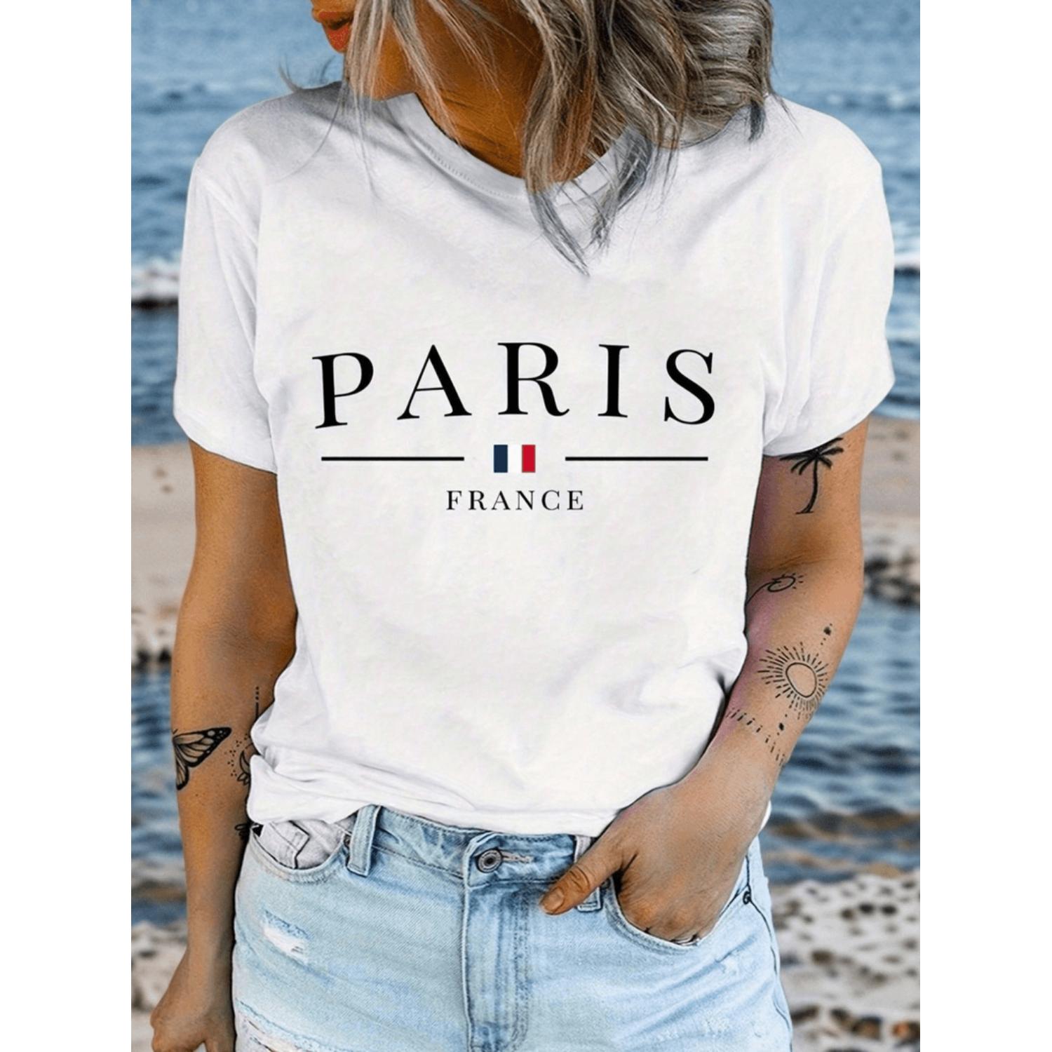 Paris Print Crew Neck T Shirt Short Sleeve Casual Top for Women Spring Summer White