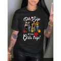 Oh Sip Its a S Trip Womens Black Casual Short Sleeve Round Neck Tee With Cartoon Travel Graphic Medium Washable Spring Summer Top For Vacation Gathering Apparel Text Design Medium Stretch Fabric