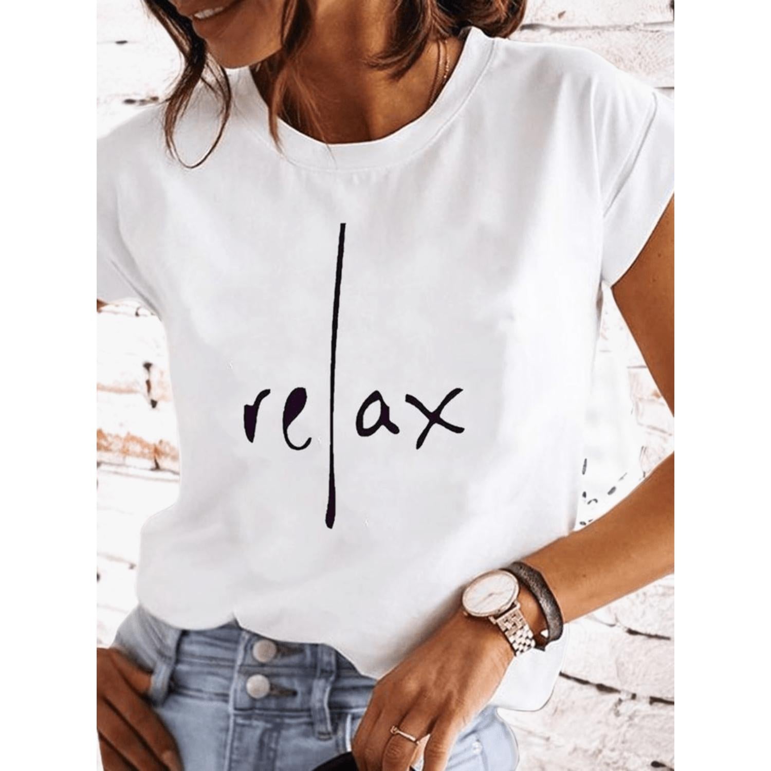 Relaxed Fit Print Crew Neck T Shirt Casual Short Sleeve Top for Spring Summer Womenswear White
