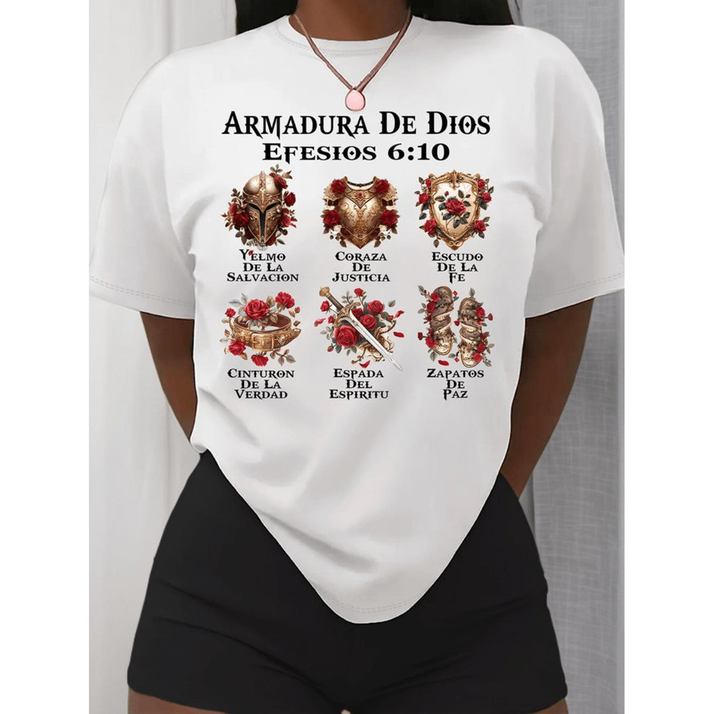 Womens Casual Short Sleeve White T Shirt Featuring Religious Spanish Scripture Motif Stretchy Round Neck Medium Fabric Washable Faith Based Spring Summer Apparel