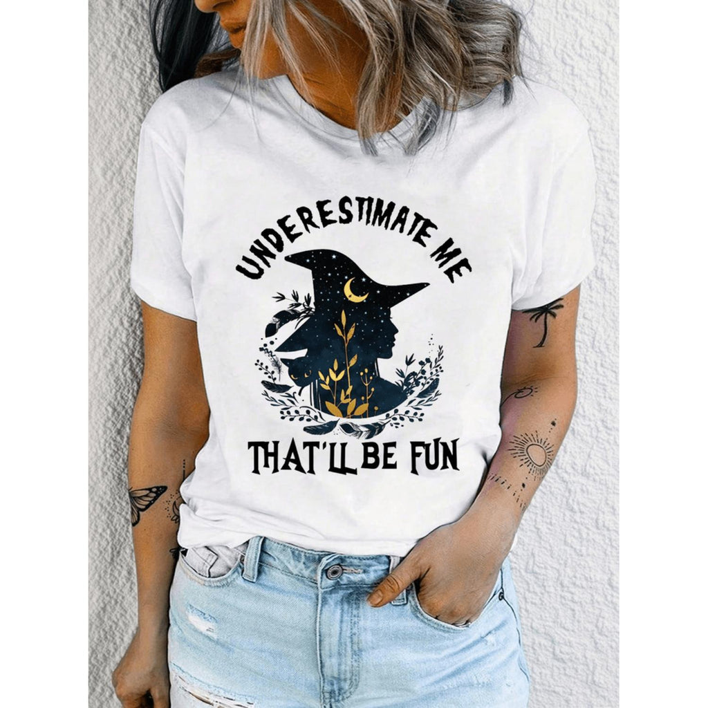 Womens Under Me Thatll Halloween Witch Graphic T Shirt Casual Short Sleeve Round Neck Tee Lettering Mystical Design Medium Washable Spring Summer Top Halloween Clothes Summer T Shirt Witch Motif Shirt Nontransparent