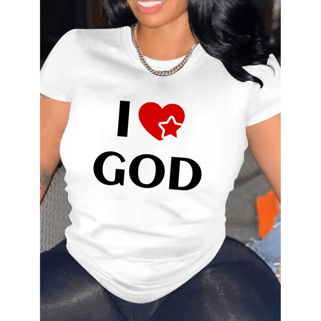 Womens Casual Spring Summer Graphic I Love God T Shirt White Red Polyester Fabric Round Neck Machine Washable Everyday Medium Tee