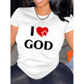 Womens Casual Spring Summer Graphic I Love God T Shirt White Red Polyester Fabric Round Neck Machine Washable Everyday Medium Tee