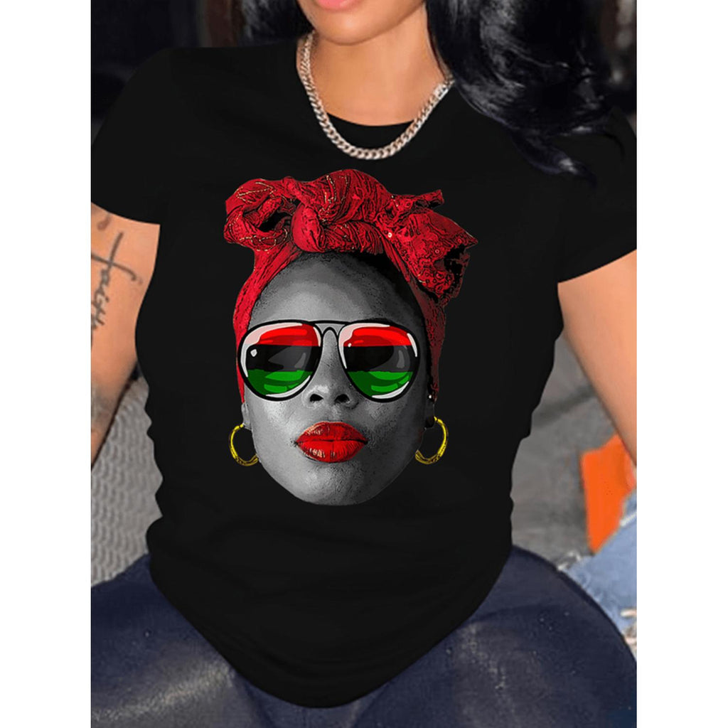 Women's Black T Shirt Featuring African Inspired Portrait Print with Red Headwrap Fashion Glasses Design and Round Neck Regular Fit Lightweight Casual Top