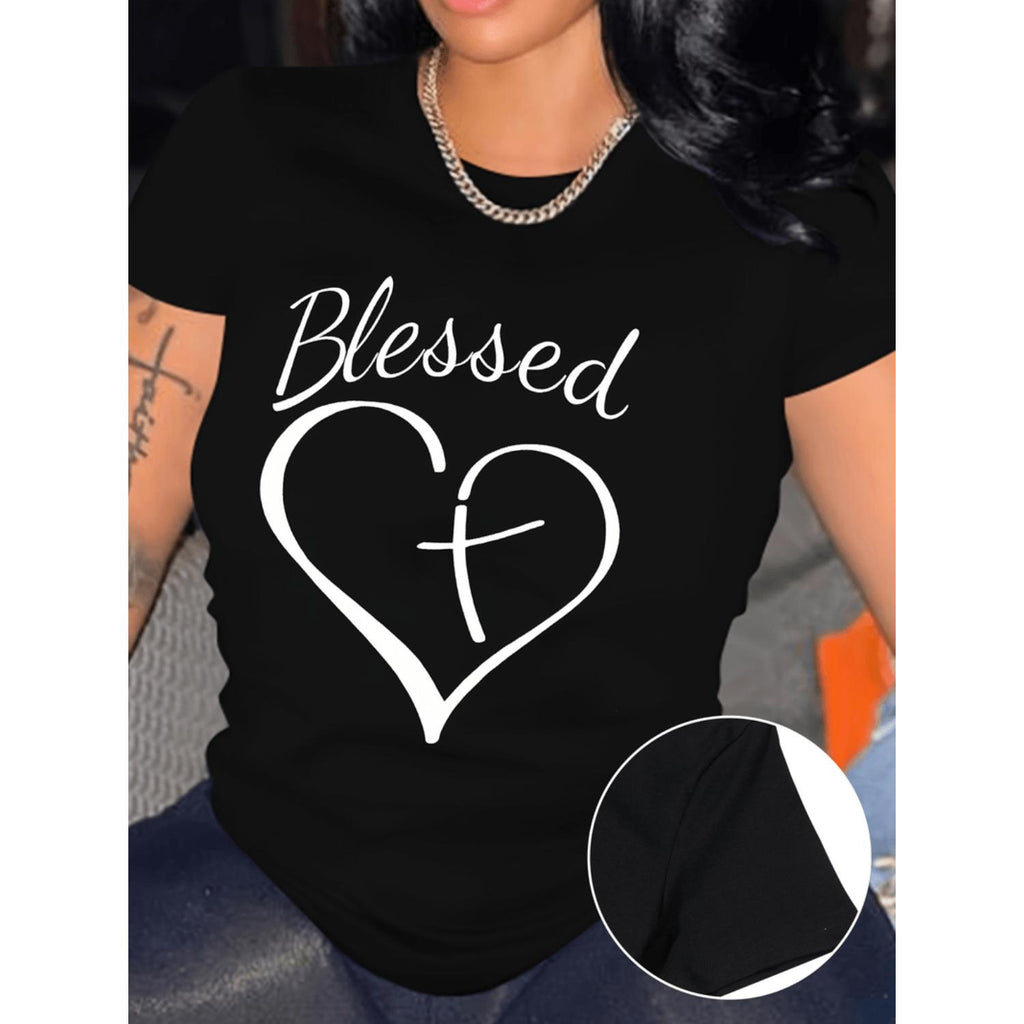 Cross Print Crew Neck Short Sleeve T Shirt Womens Black Suitable for Valentines Day Gifts