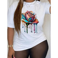 Rose Print Crew Neck Casual Short Sleeve T Shirt for Womens Spring Summer White Apparel