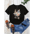 Flower Feather Print Casual Short Sleeve Crew Neck T Shirt For Spring Summer Womens Clothing Black