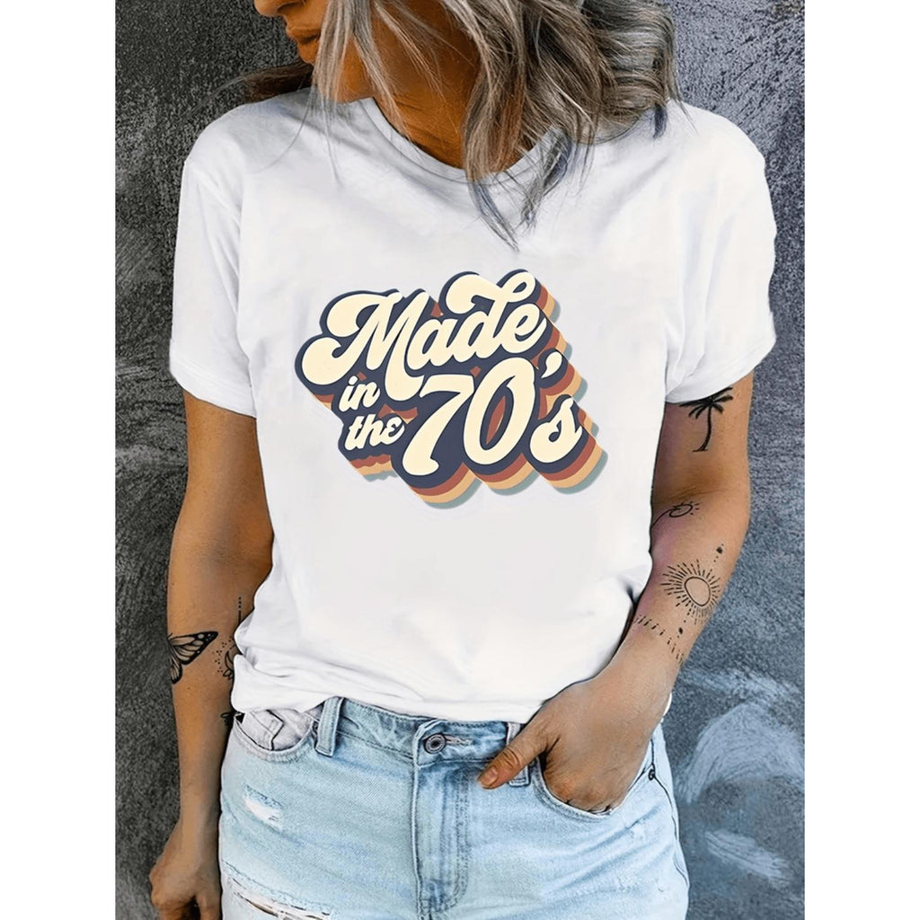 Plus Size Casual T Shirt for Women Featuring Art Letter Design with a 70 Round Neck Short Sleeve Medium Stretch Fit in Black