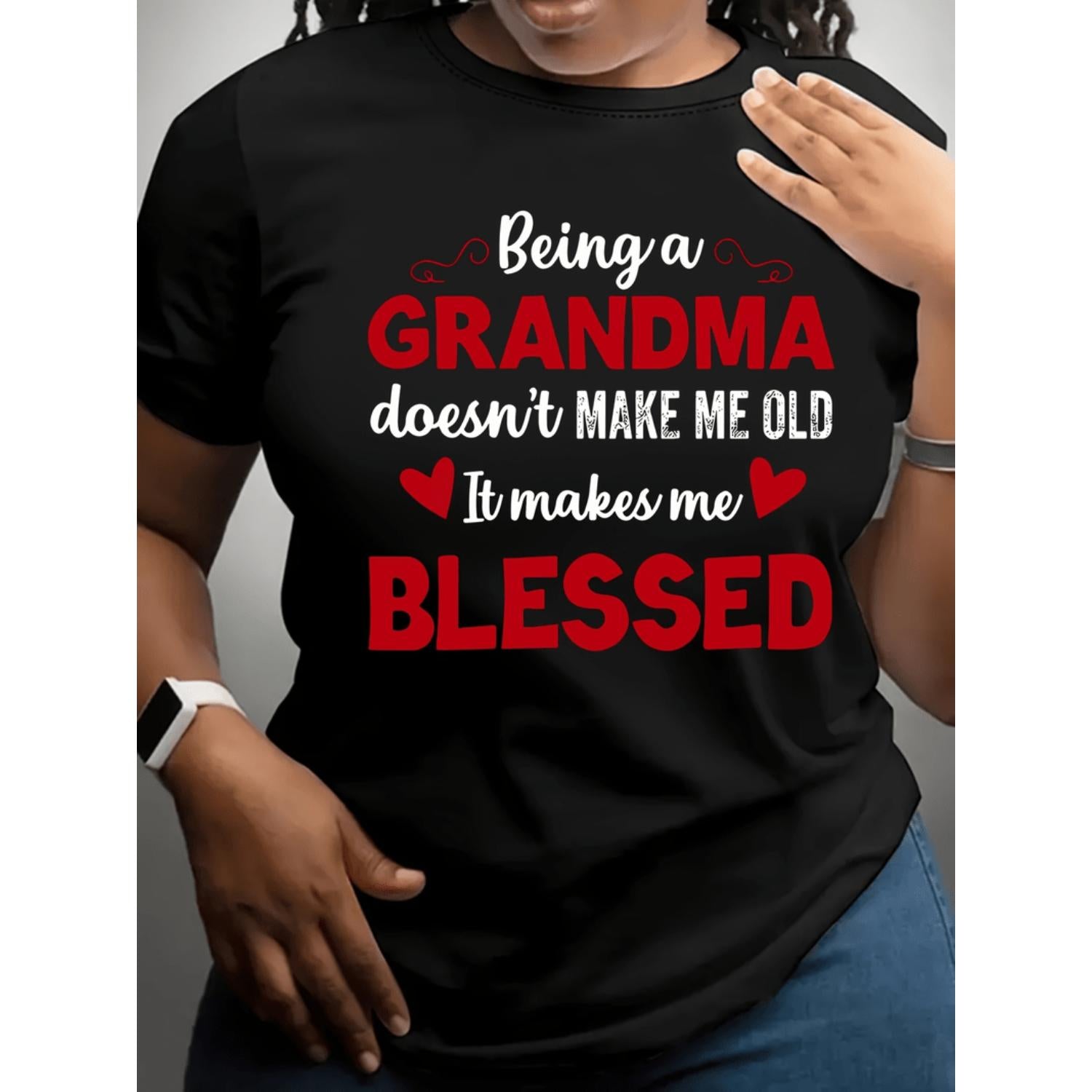Womens Plus Size Casual Short Sleeve T Shirt Blessed Grandma Inspirational Quote Print Gray With Red Lettering Round Neck Machine Washable Relaxed Fit Tee Nontransparent Fabric Black