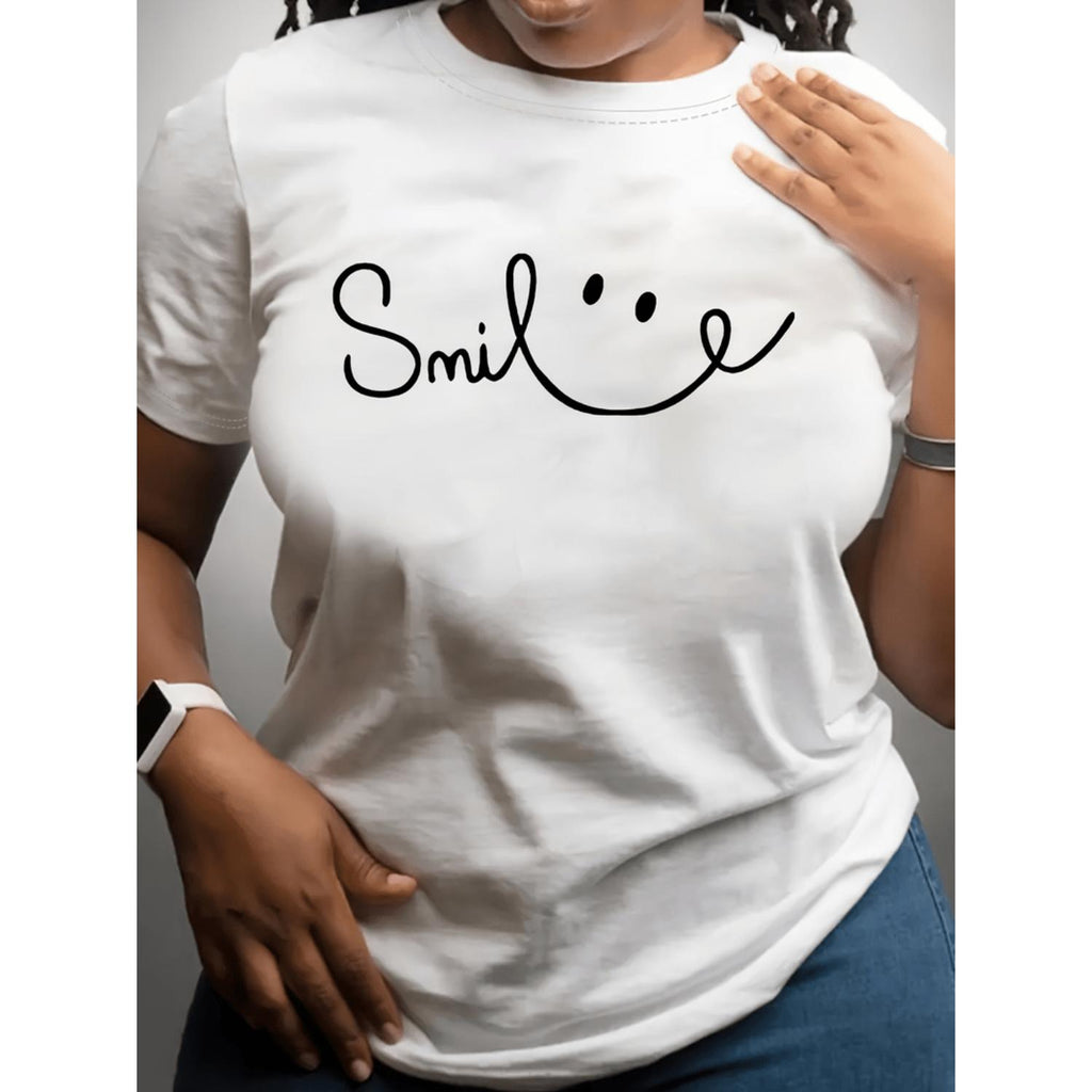 Womens Plus Size Casual Sporty T Shirt With Smile Face Print Breathable Fashion Fit Short Sleeve Tee