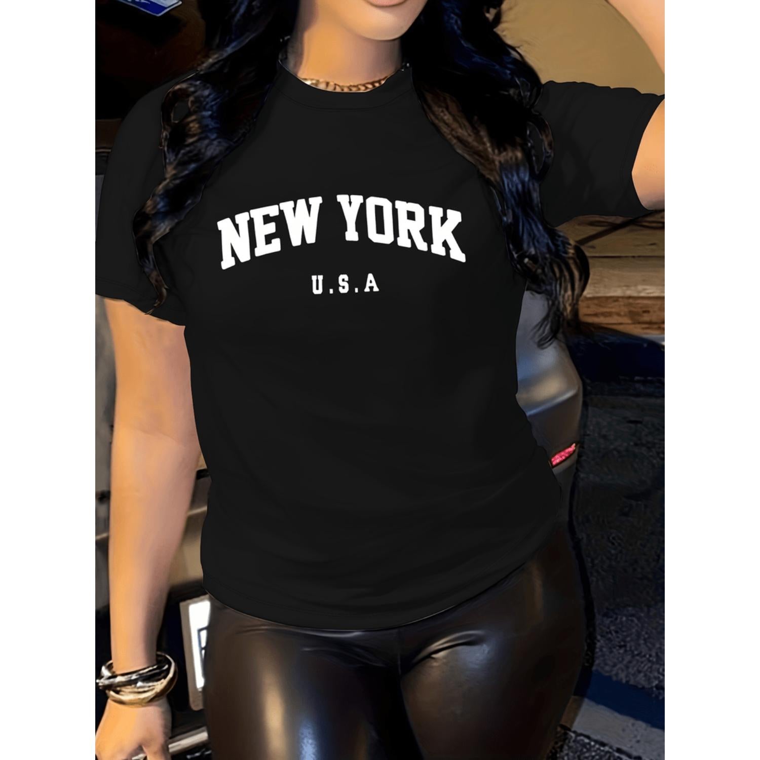 Women's Casual Short Sleeve Crew Neck T Shirt with U S A Letter Print in Black and White Graphic Featuring Medium Stretch and Breathable Fabric for Comfortable Relaxed Fit and Easy Care