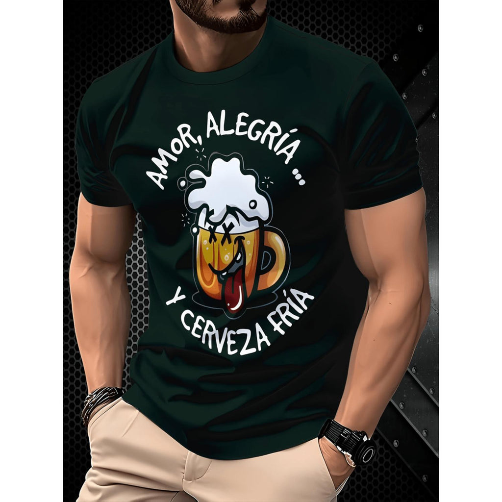 Mens Casual Short Sleeve TShirt with Beer Mug Graphic and Spanish Text Print Black Round Neck Summer Tee Machine Washable Regular Fit Humorous Playful Digital Print Shirt for Casual Wear