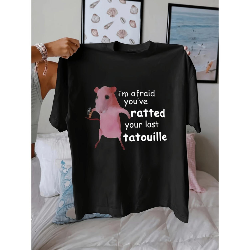 Women's Humorous Im Your Last Tattoo Pink Rat Graphic Tee Short Sleeve Crew Neck Casual Top Lightweight Breathable Fabric Ideal for Spring and Summer