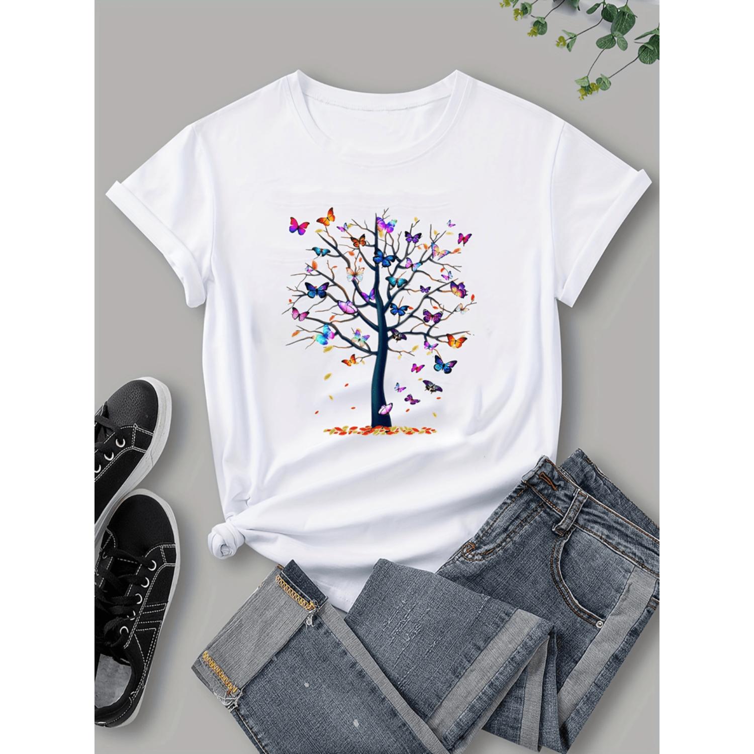 Print T Shirt Short Sleeve Casual Top For Womens Clothing Black