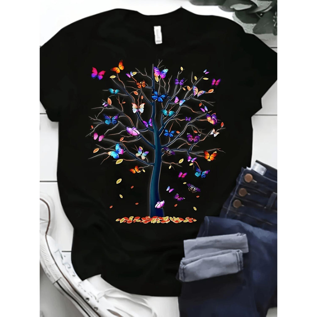 Print Crew Neck T Shirt Casual Short Sleeve Top for Womens Spring Summer Apparel in Black
