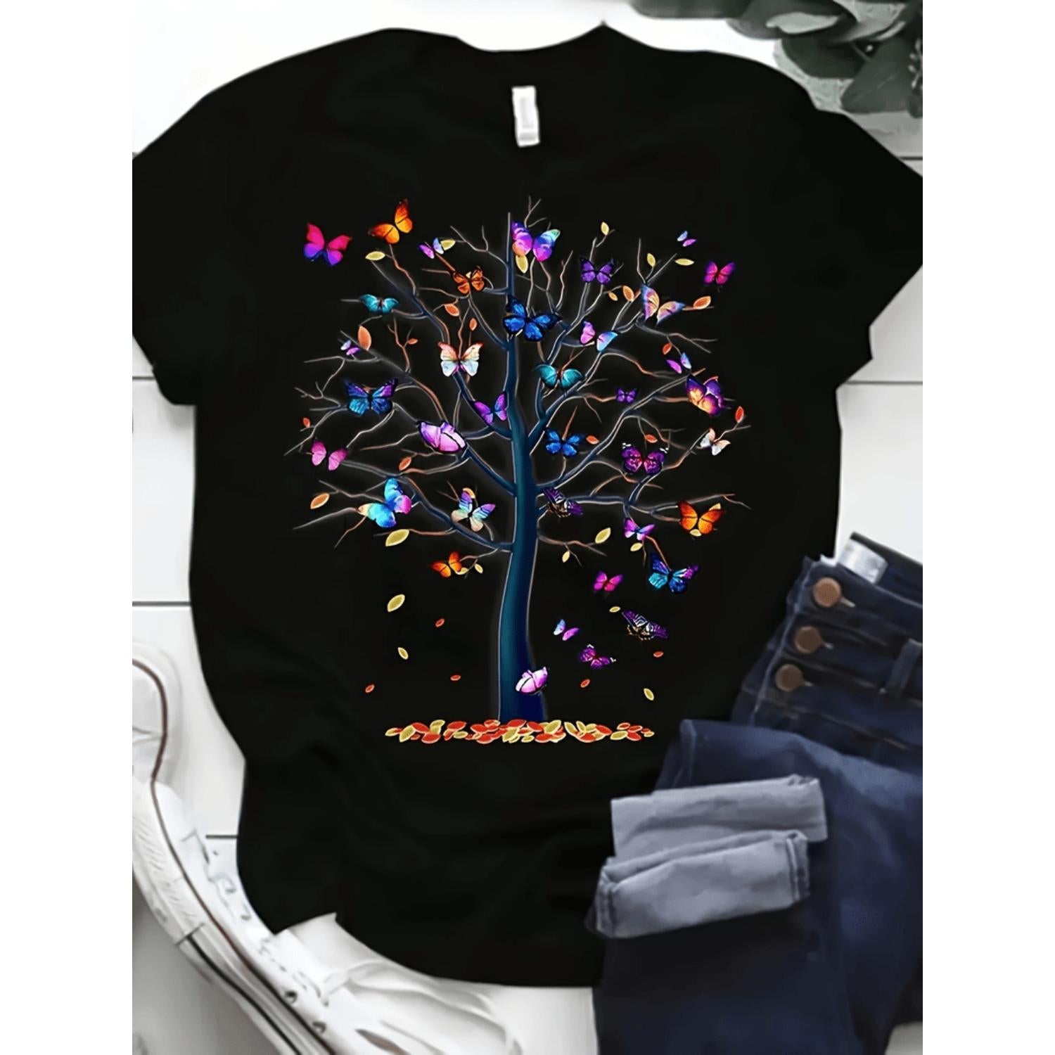 Print Crew Neck T Shirt Casual Short Sleeve Top for Womens Spring Summer Apparel in Black