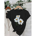 Womens Casual Black Daisy Print Short Sleeve Round Neck Lightweight Polyester Spring Summer Fashion Top Featuring White Daisies and Green Leaves