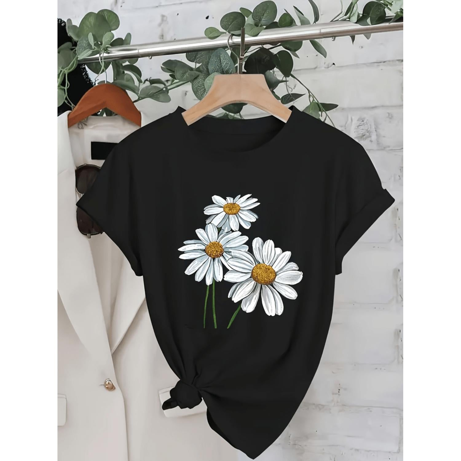 Womens Casual Black Daisy Print Short Sleeve Round Neck Lightweight Polyester Spring Summer Fashion Top Featuring White Daisies and Green Leaves