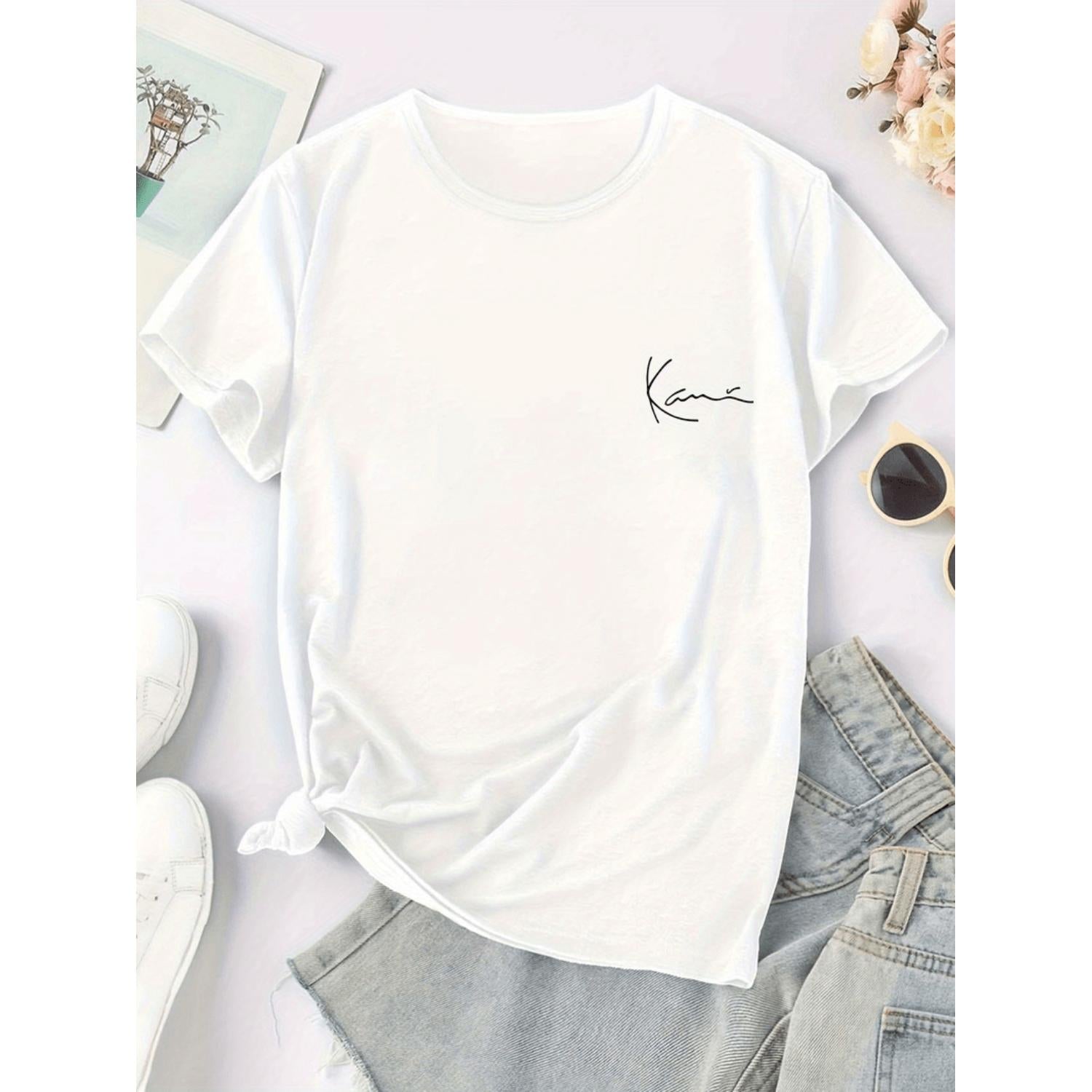 Womens Casual Short Sleeve T Shirt Featuring Artistic Letter Print Round Neck Machine Washable Sizes S To XXL Multiple Colors Stretchy Material Everyday Outfit Tee
